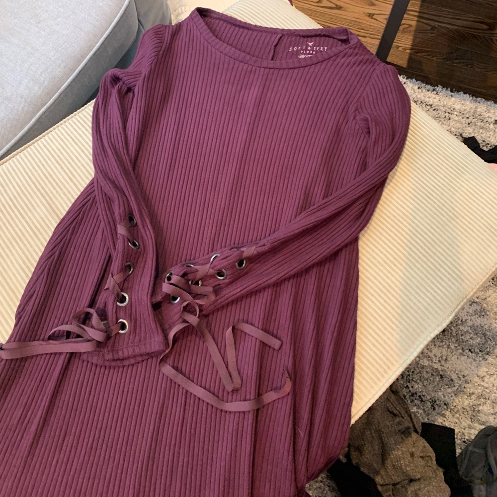🌸ae burgundy soft & sexy plush long sleeve ribbon lace up shirt mini dress